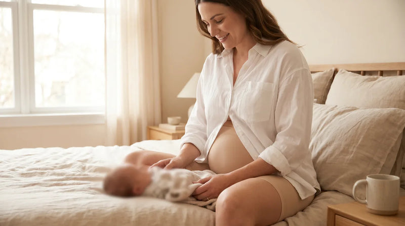 Jeune maman portant une gaine post partum invisible, son nouveau-né dans les bras, dans une chambre lumineuse douce — récupération sereine après accouchement