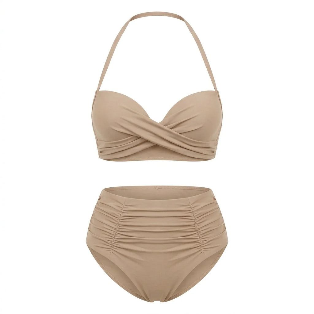 Bikini push up 2 pièces Elya beige packshot produit fond blanc — haut bandeau + culotte taille haute