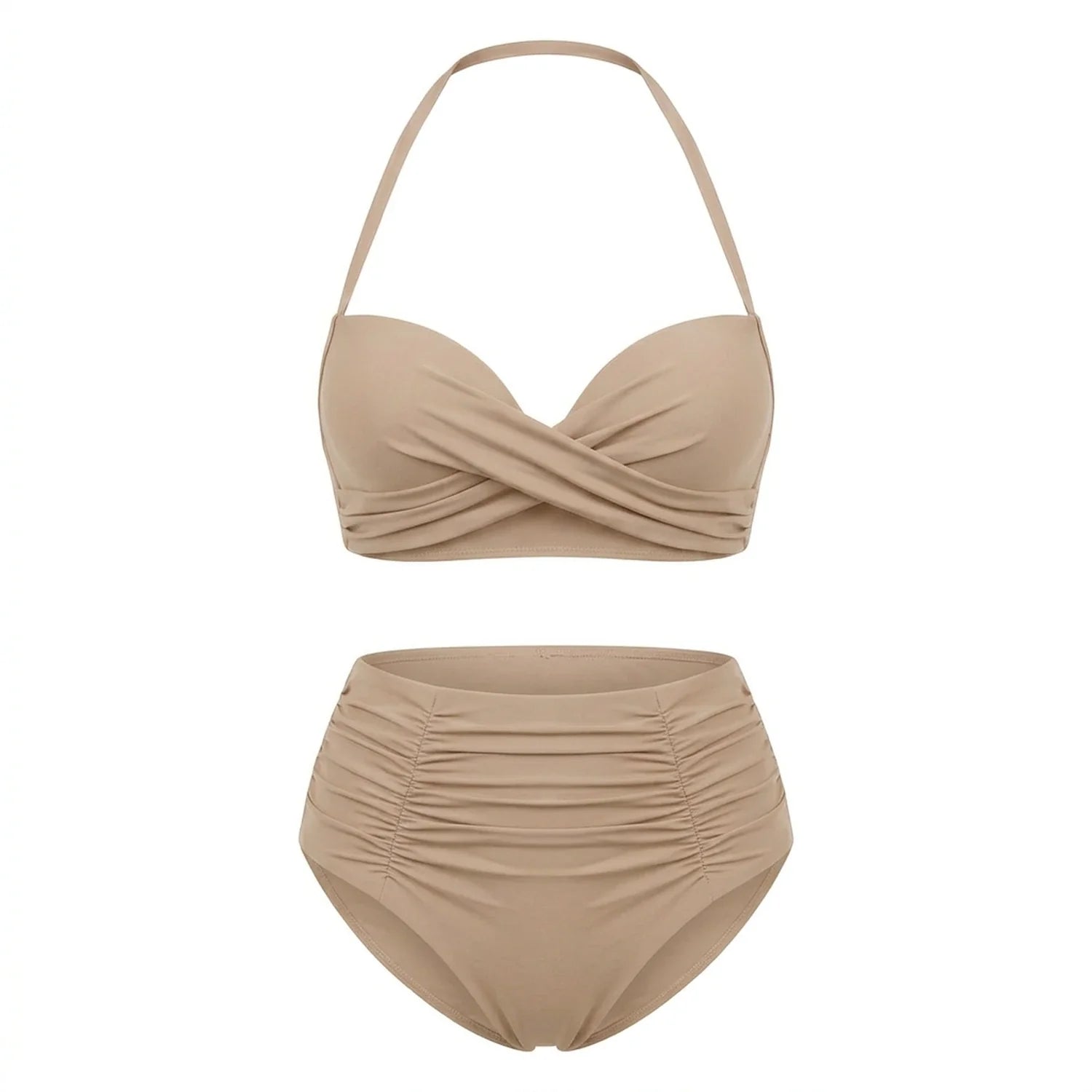 Bikini push up 2 pièces Elya beige packshot produit fond blanc — haut bandeau + culotte taille haute