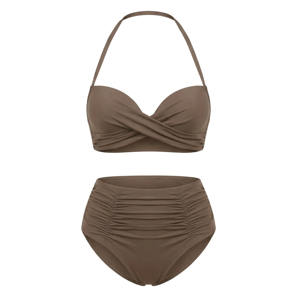 Bikini push up 2 pièces Elya taupe packshot produit fond blanc — haut bandeau + culotte taille haute