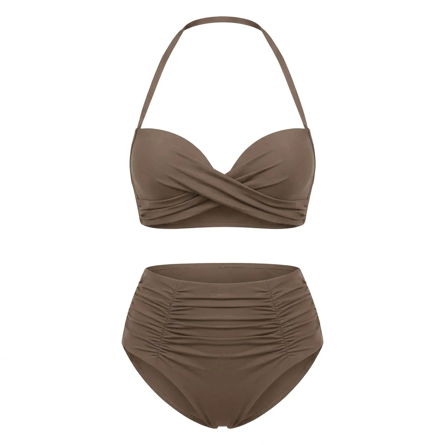 Bikini push up 2 pièces Elya taupe packshot produit fond blanc — haut bandeau + culotte taille haute