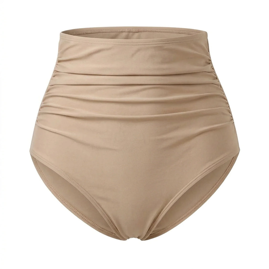 Culotte taille haute bikini gainant Elya beige — packshot produit fronces effet ventre plat