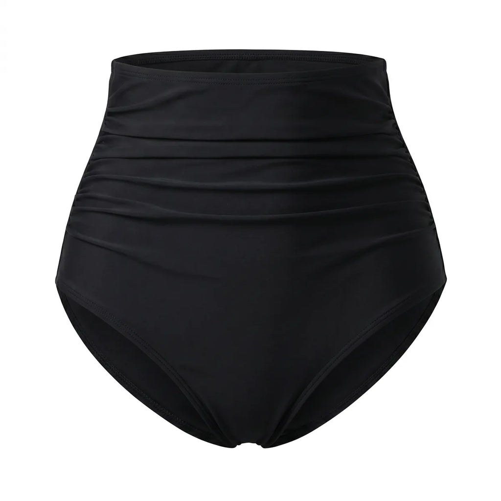 Culotte taille haute bikini gainant Elya noir — packshot produit fronces effet ventre plat