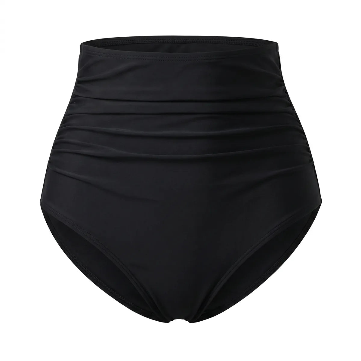 Culotte taille haute bikini gainant Elya noir — packshot produit fronces effet ventre plat