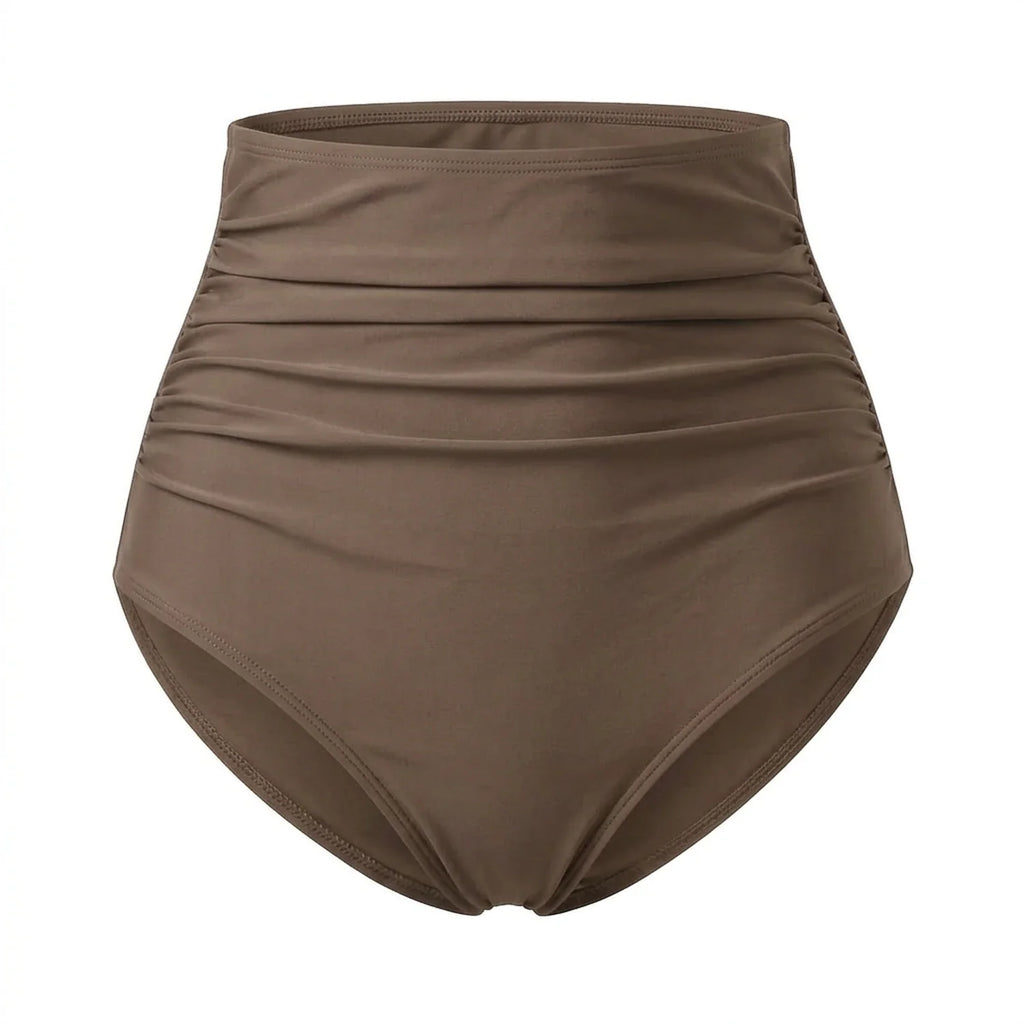 Culotte taille haute bikini gainant Elya taupe — packshot produit fronces effet ventre plat