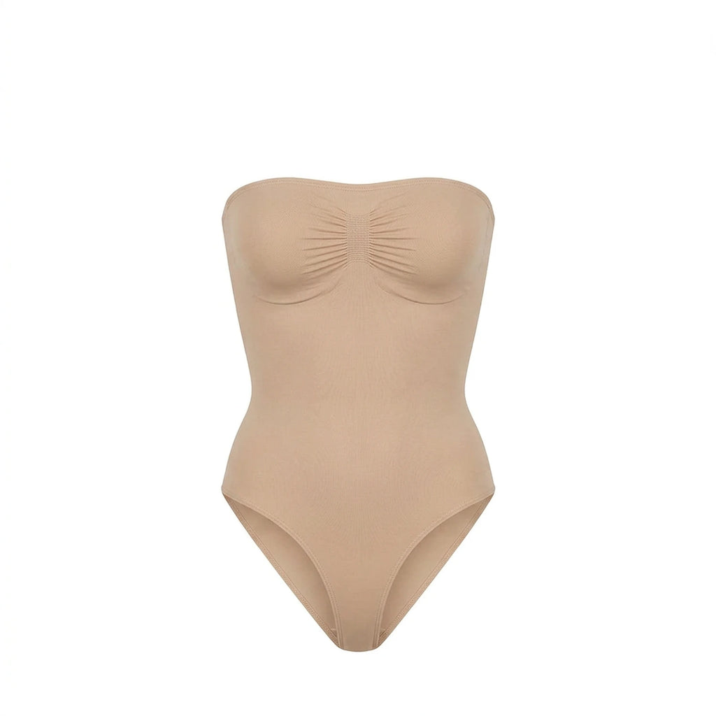 Body bustier gainant beige packshot — sans bretelles, bande silicone, finition seamless