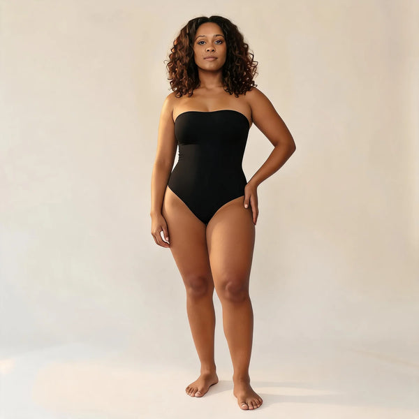 Body bustier gainant femme sans bretelles — vue de face, bande silicone anti-glissement, décolleté cœur