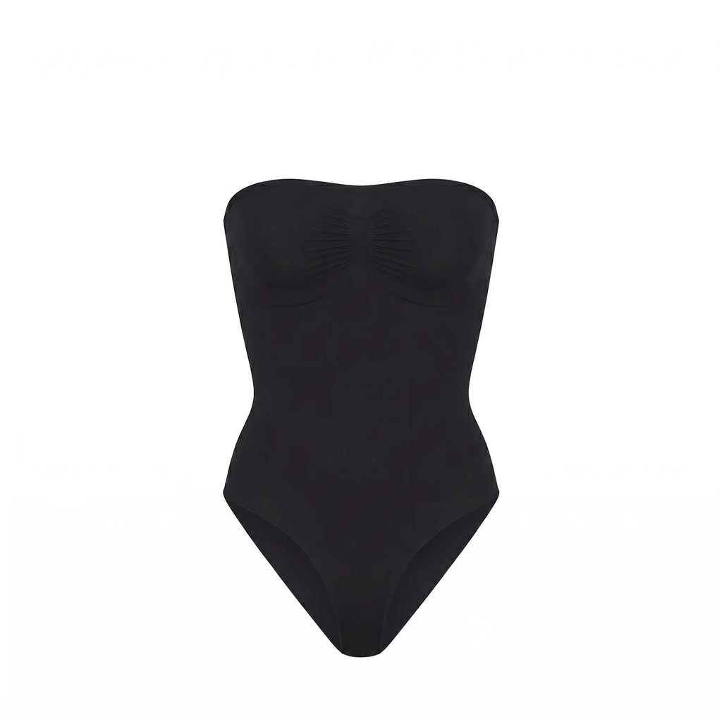 Body bustier gainant noir packshot — sans bretelles, bande silicone, finition seamless