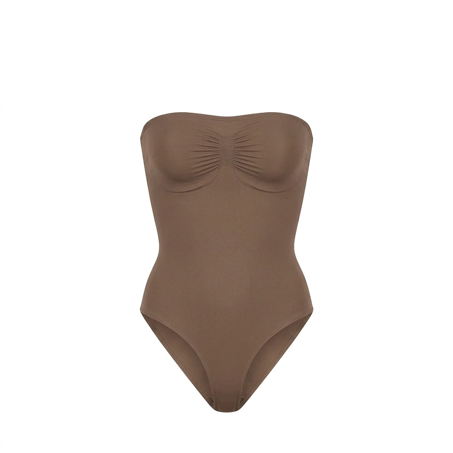 Body bustier gainant taupe packshot — sans bretelles, bande silicone, finition seamless