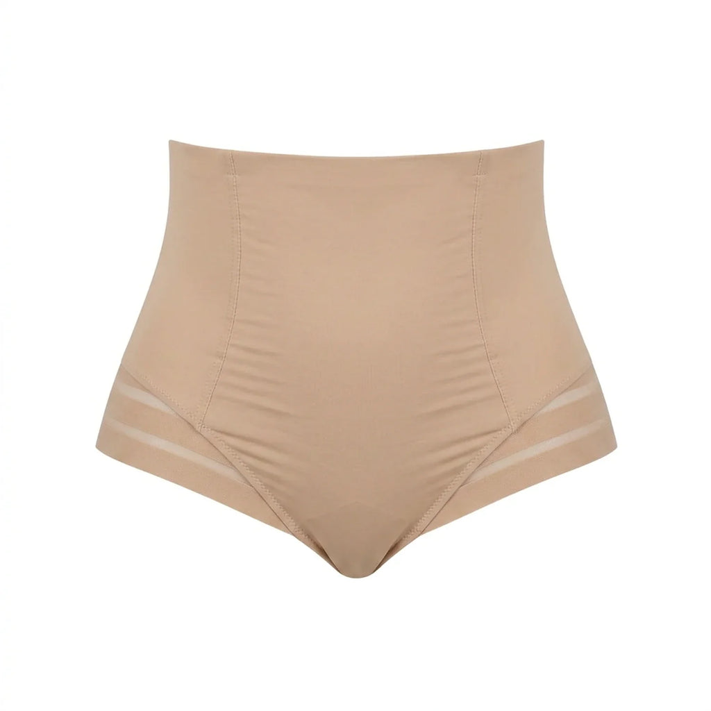 Culotte gainante invisible beige packshot — bord laser, taille haute, bandes mesh transparentes