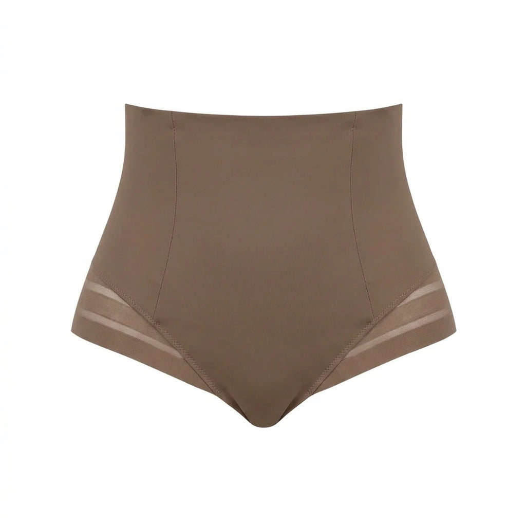 Culotte gainante invisible taupe packshot — bord laser, taille haute, bandes mesh transparentes