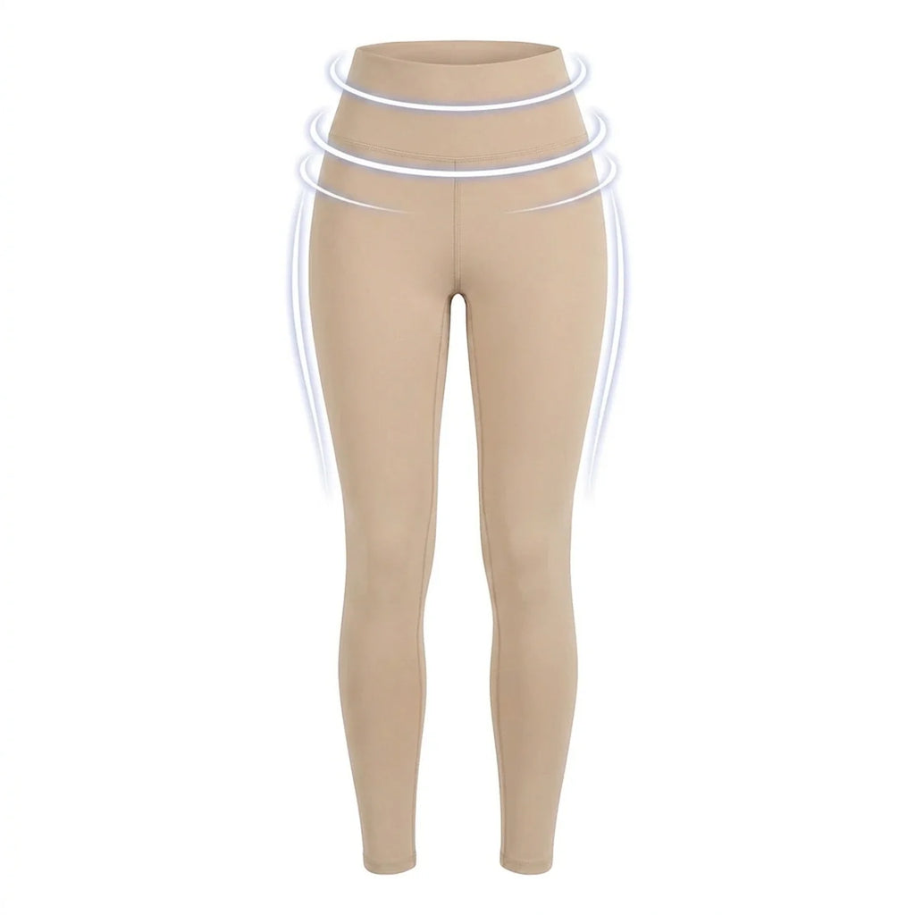 Legging amincissant taille haute Elya beige — packshot produit, zones de compression gainante