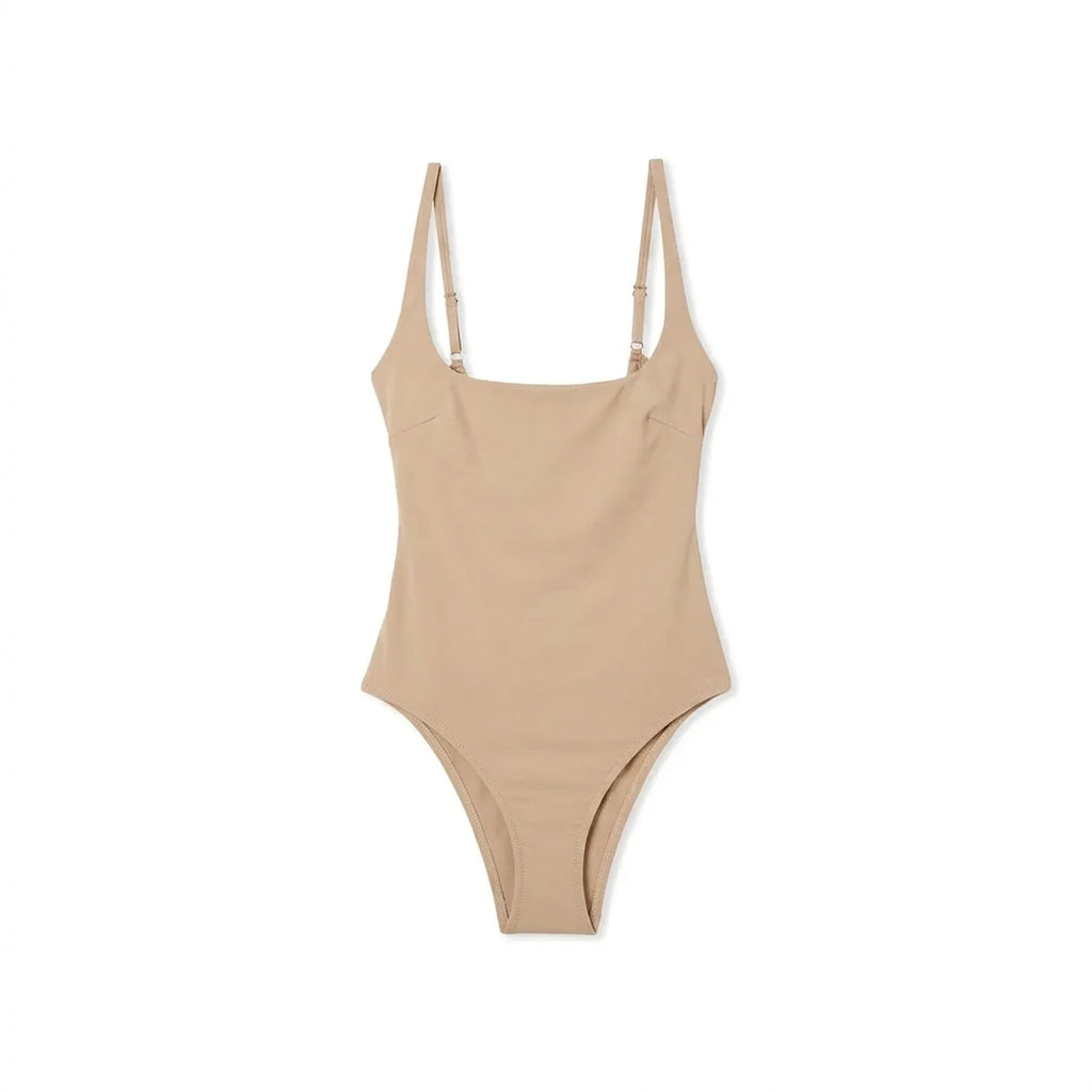 Maillot 1 pièce gainant ventre plat Elya beige — vue packshot produit fond blanc