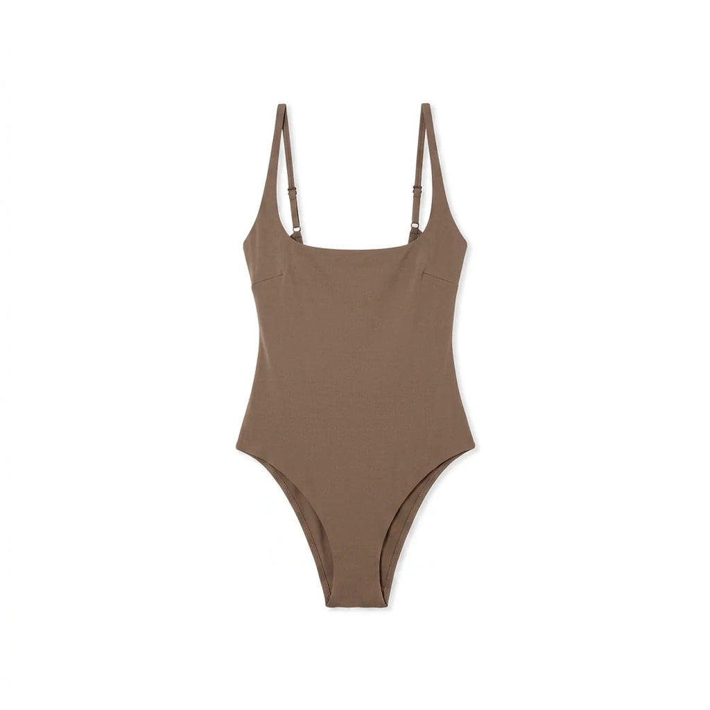Maillot 1 pièce gainant ventre plat Elya taupe — vue packshot produit fond blanc