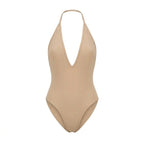 Maillot 1 pièce dos nu Elya beige packshot — décolleté V profond et dos nu sans coutures