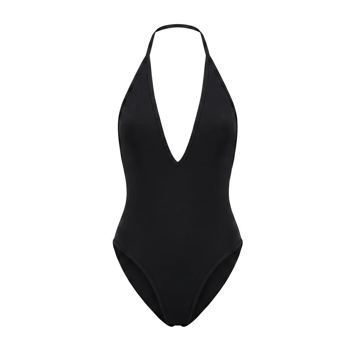 Maillot 1 pièce dos nu Elya noir packshot — décolleté V profond et dos nu sans coutures
