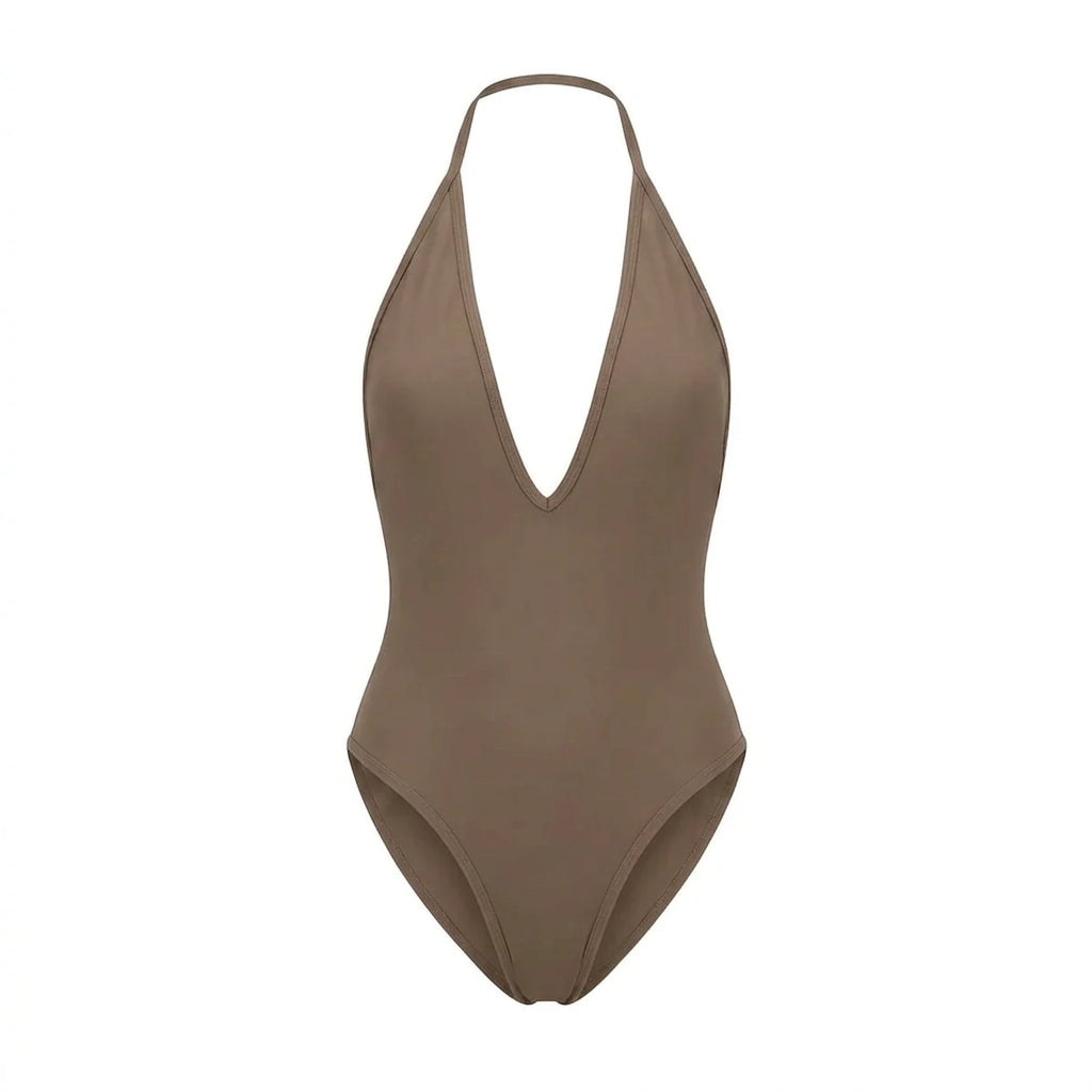 Maillot 1 pièce dos nu Elya taupe packshot — décolleté V profond et dos nu sans coutures