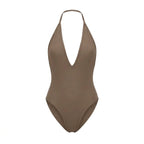 Maillot 1 pièce dos nu Elya taupe packshot — décolleté V profond et dos nu sans coutures