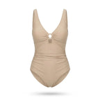 Maillot de bain sculptant Elya beige — packshot produit fond blanc, col V et anneau doré
