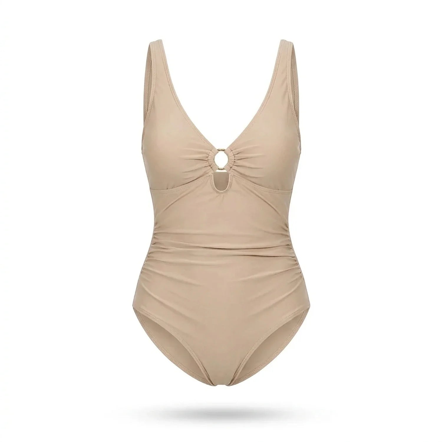 Maillot de bain sculptant Elya beige — packshot produit fond blanc, col V et anneau doré