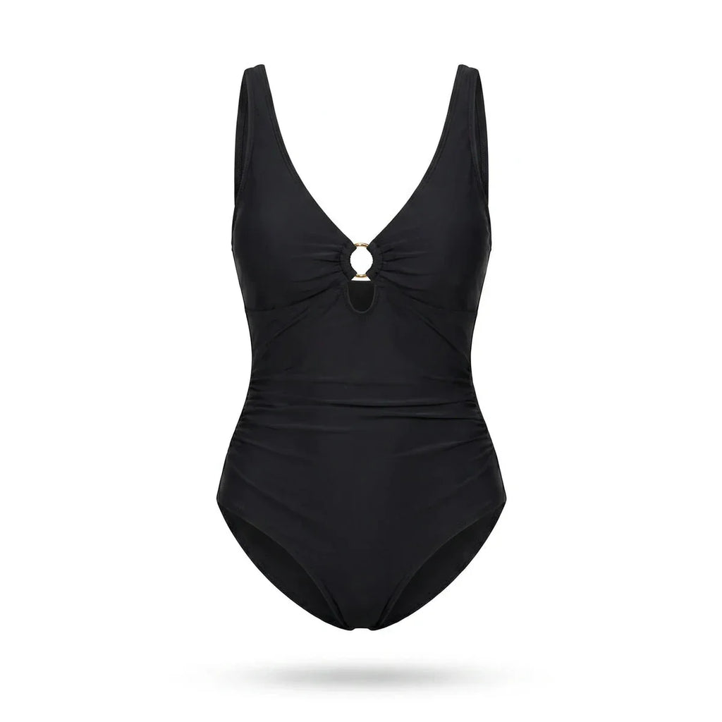 Maillot de bain sculptant Elya noir — packshot produit fond blanc, col V et anneau doré
