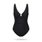 Maillot de bain sculptant Elya noir — packshot produit fond blanc, col V et anneau doré