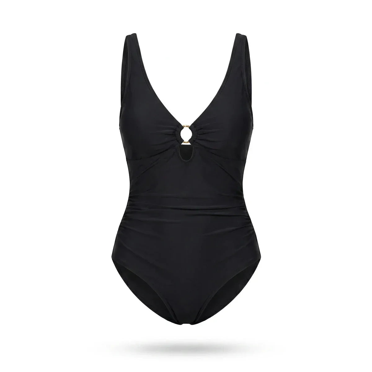 Maillot de bain sculptant Elya noir — packshot produit fond blanc, col V et anneau doré