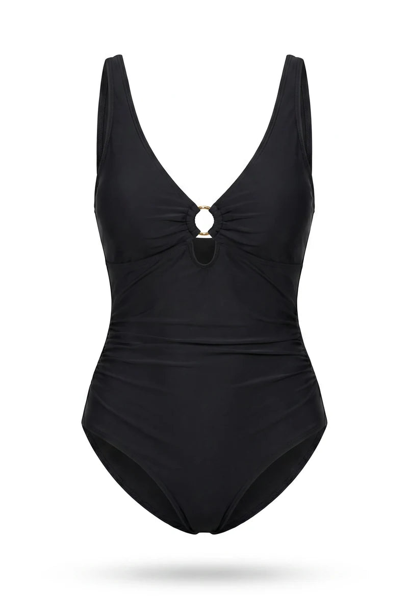 Maillot de bain sculptant Elya noir — packshot produit fond blanc, col V et anneau doré