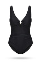 Maillot de bain sculptant Elya noir — packshot produit fond blanc, col V et anneau doré