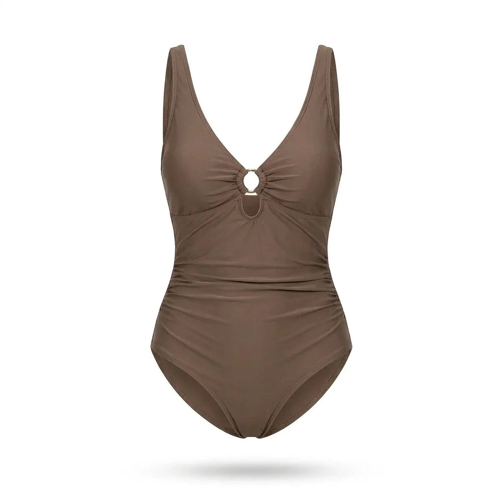 Maillot de bain sculptant Elya taupe — packshot produit fond blanc, col V et anneau doré