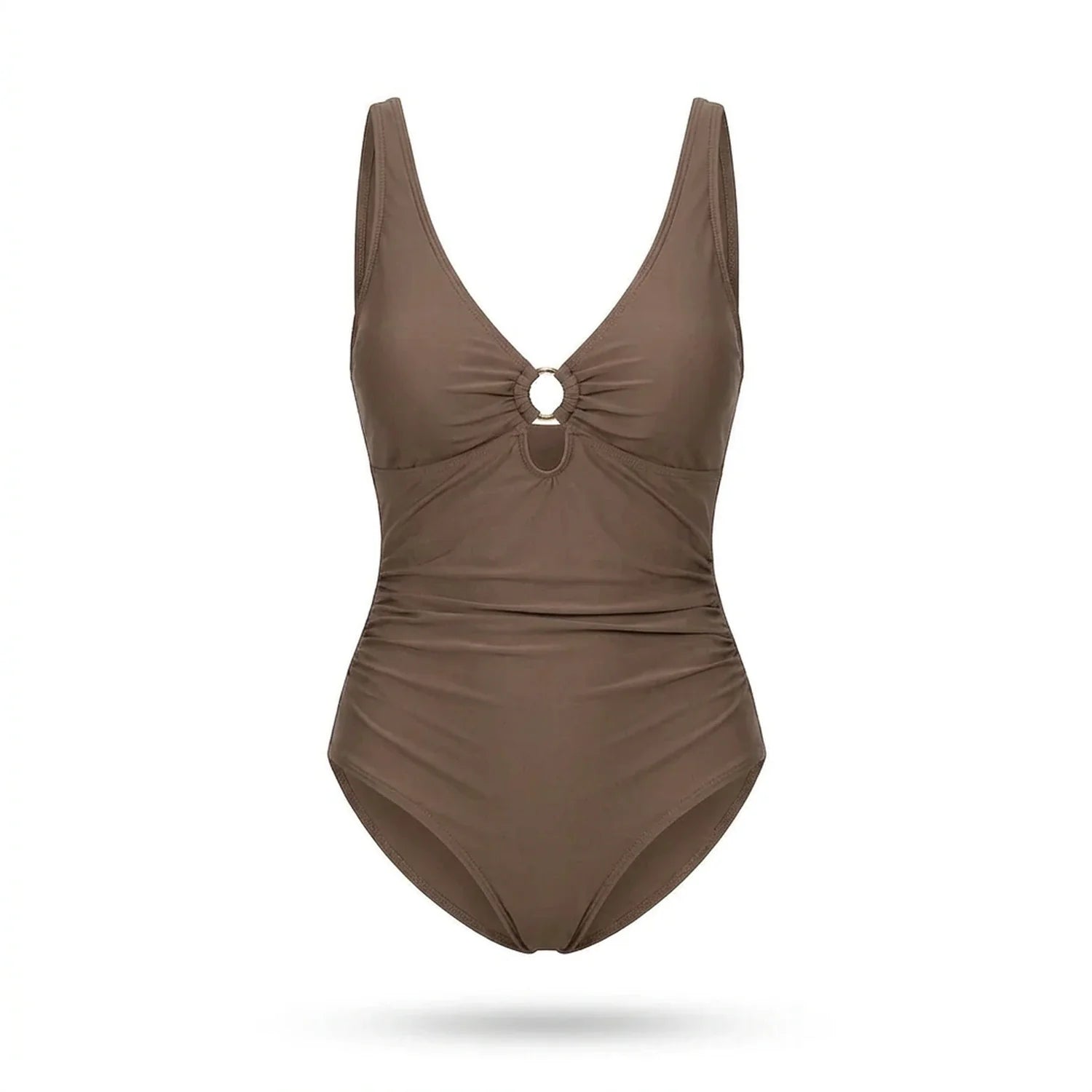Maillot de bain sculptant Elya taupe — packshot produit fond blanc, col V et anneau doré