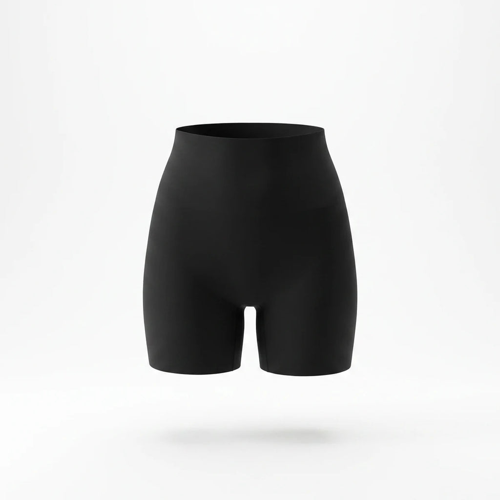 Panty gainant invisible femme — packshot produit, short mi-cuisse noir, finition seamless invisible
