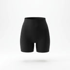 Panty gainant invisible femme — packshot produit, short mi-cuisse noir, finition seamless invisible