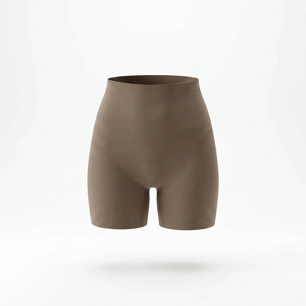 Panty gainant invisible femme — packshot produit, short mi-cuisse taupe, finition seamless invisible