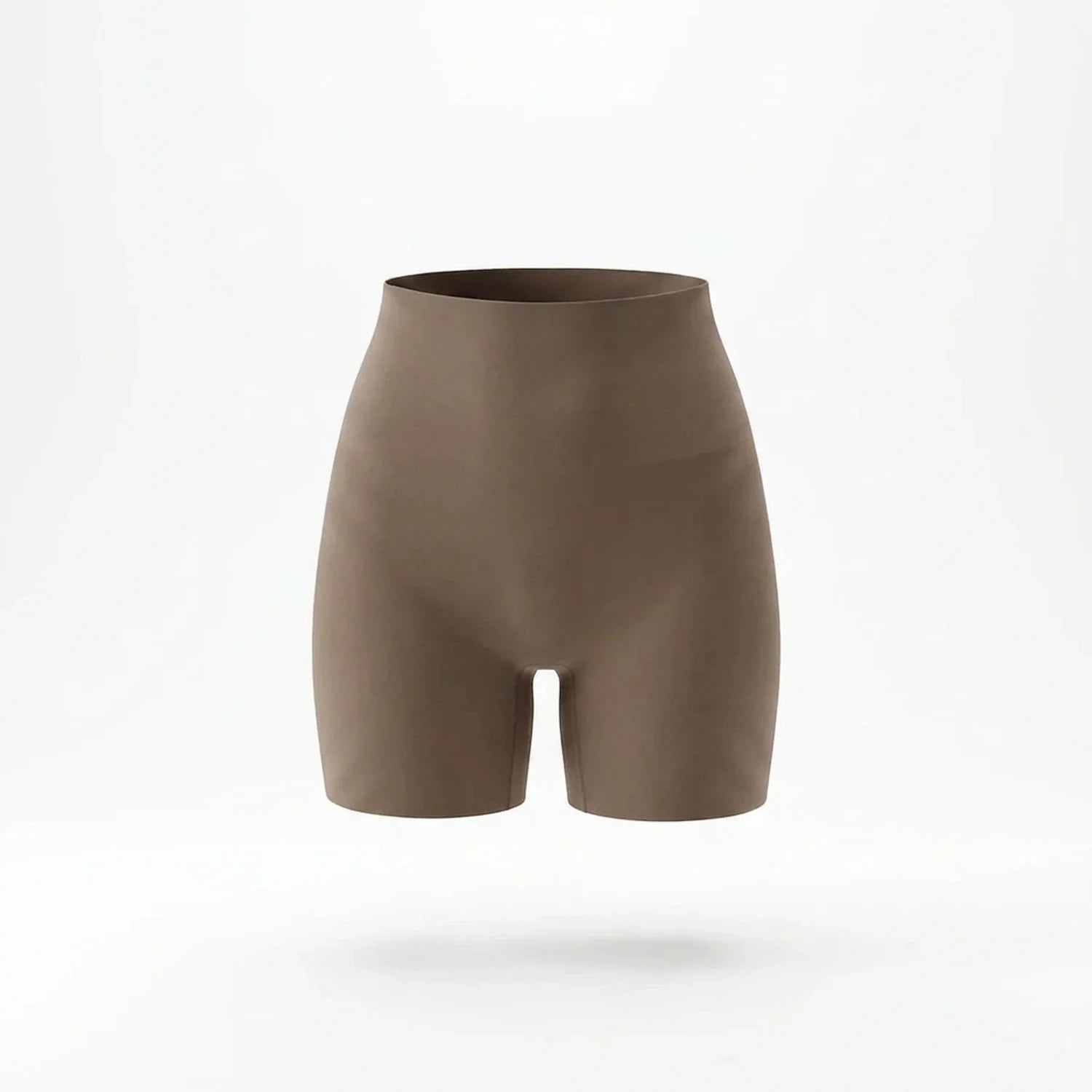 Panty gainant invisible femme — packshot produit, short mi-cuisse taupe, finition seamless invisible